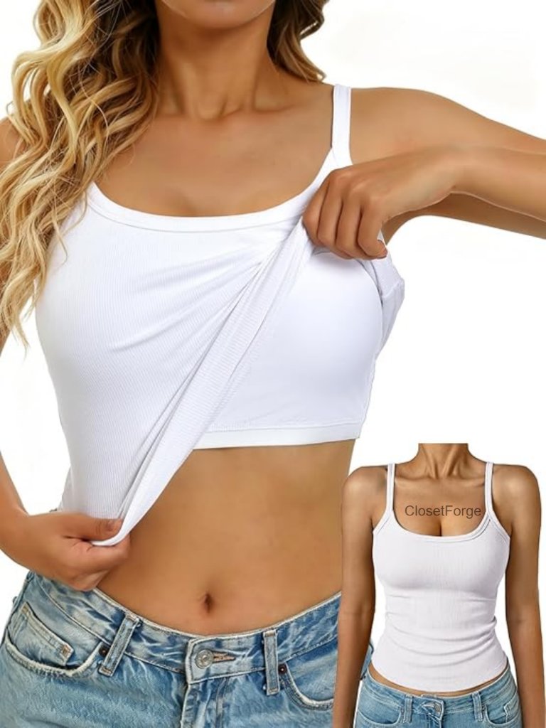 Built In Bra Tank Top Ribbed Scoop Neck Cami Shirt